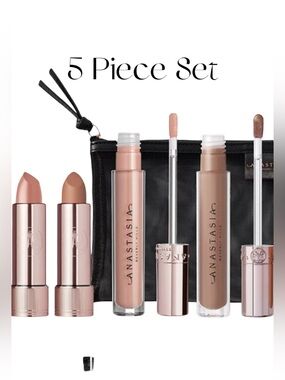 Anastasia  5-Pc. Lip Essentials Set 2 Lipsticks 2 gloss, makeup bag NEW